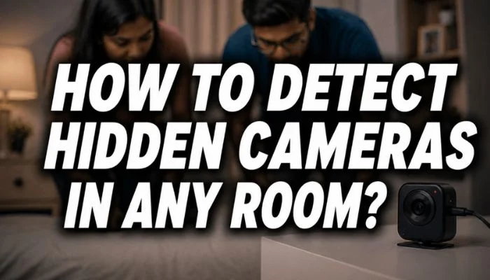 how to detect hidden cameras in any room feature image with a couple inspecting a bedroom and a small security camera on a table