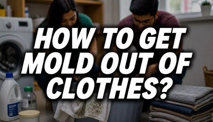 how to get mold out of clothes feature image with a couple treating moldy fabric near the washing machine