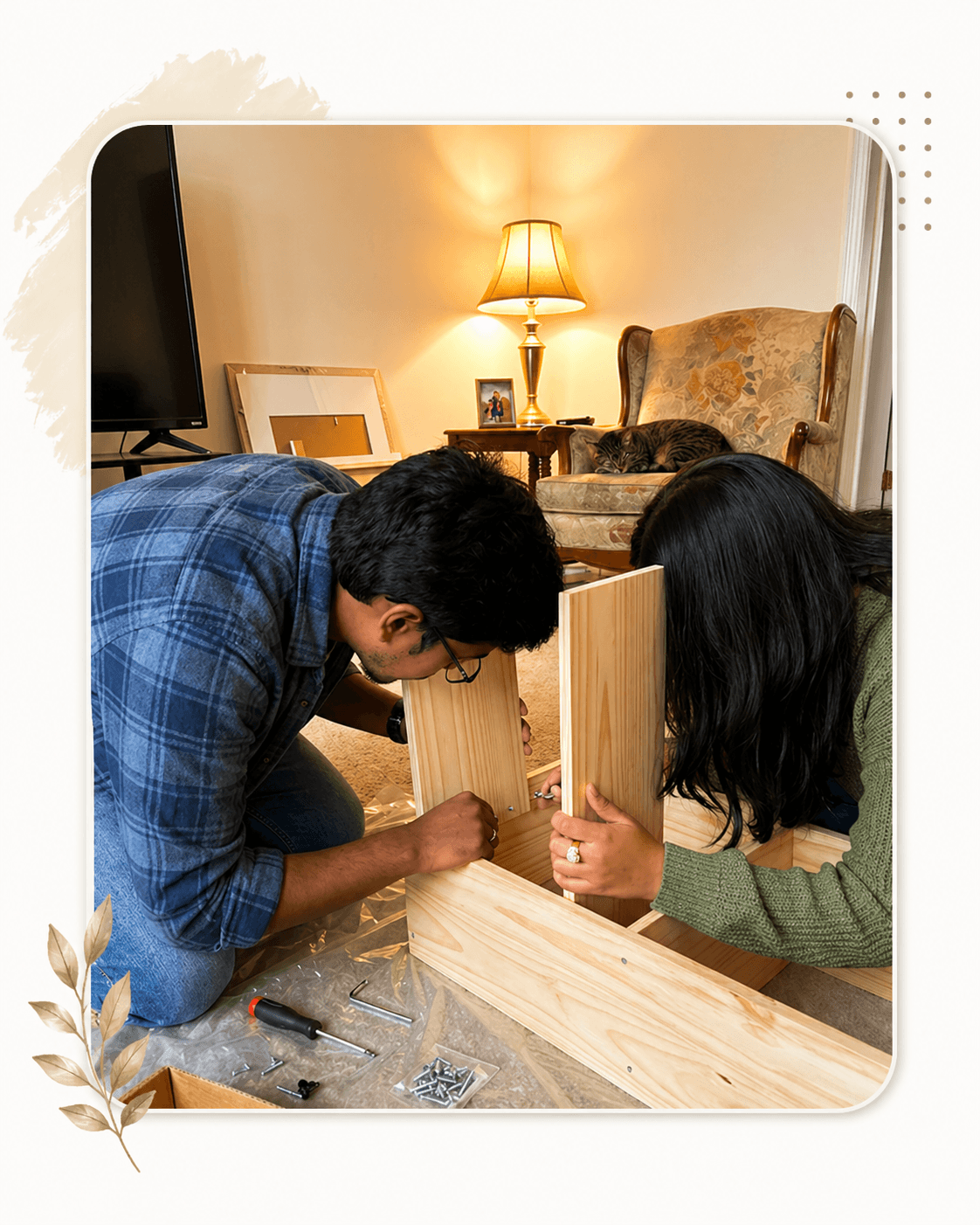 Man and woman assembling wooden furniture on the floor at home