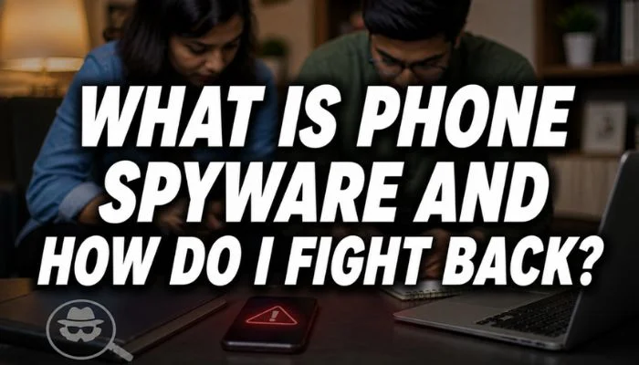 what is phone spyware and how do I fight back feature image with couple checking smartphone security alert on desk