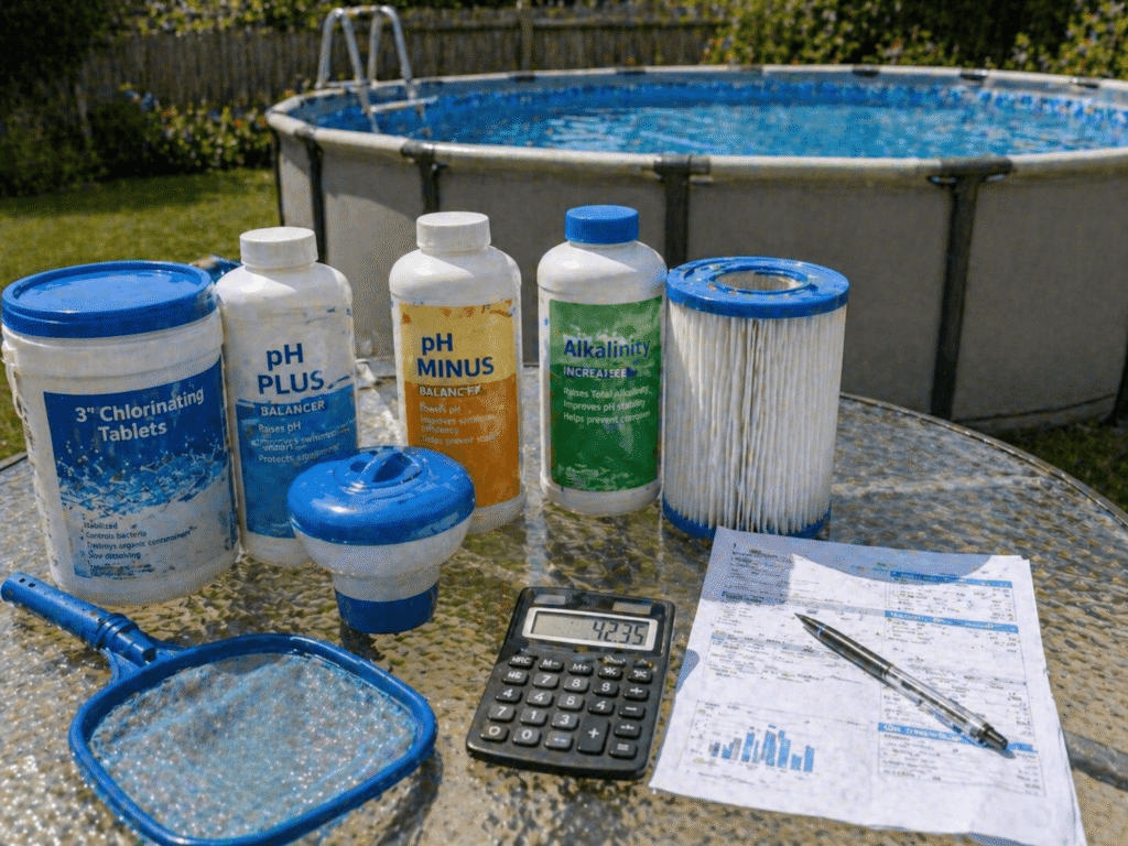 pool maintenance supplies including chlorine tablets, pH chemicals, filter cartridge, and tools beside an above-ground pool