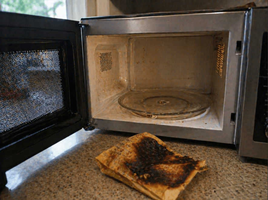 open microwave with burnt popcorn bag on the kitchen counter after overheating