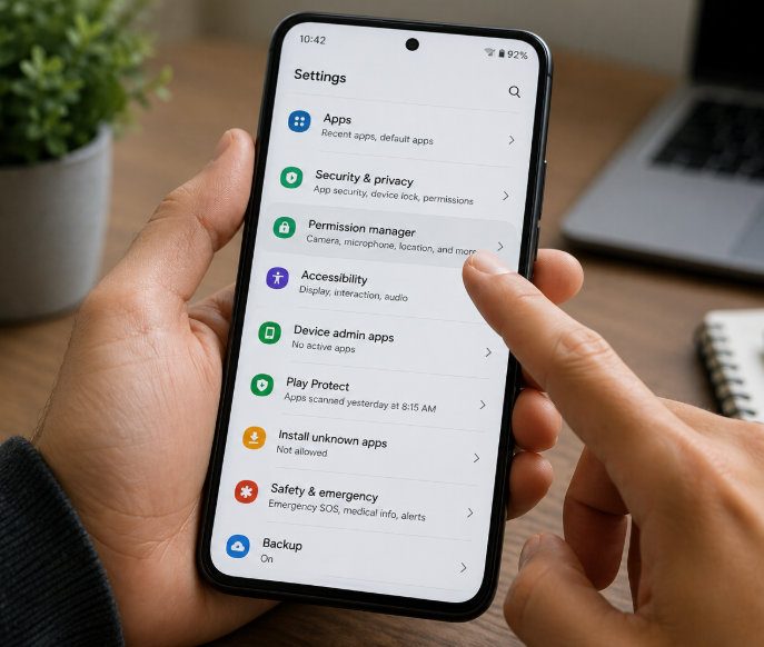 person navigating security and privacy settings to access the permission manager on a smartphone