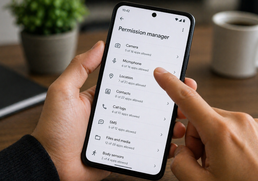 person checking app permissions like camera, microphone, and location in smartphone settings