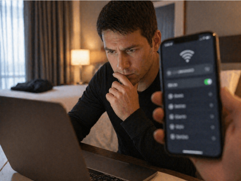 cautious person using a laptop in a hotel room while checking the WiFi connection screen on a smartphone