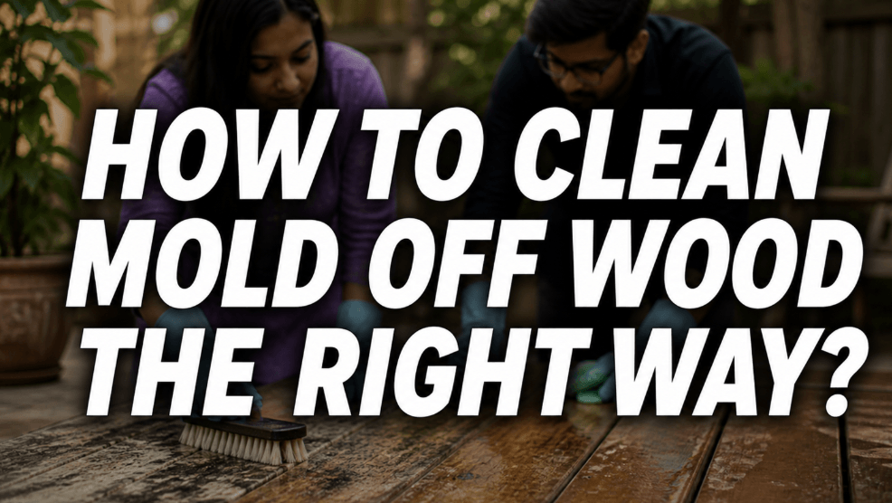 how to clean mold off wood the right way feature image with couple scrubbing wooden surface outdoors