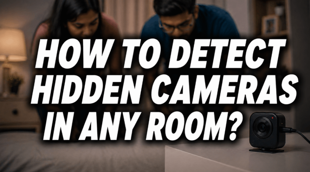 how to detect hidden cameras in any room feature image with a couple inspecting a bedroom and a small security camera on a table