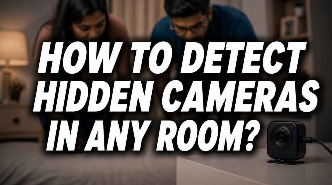 how to detect hidden cameras in any room feature image with a couple inspecting a bedroom and a small security camera on a table