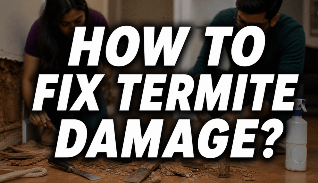 how to fix termite damage feature image with a couple of tools for repairing damaged wood on the floor