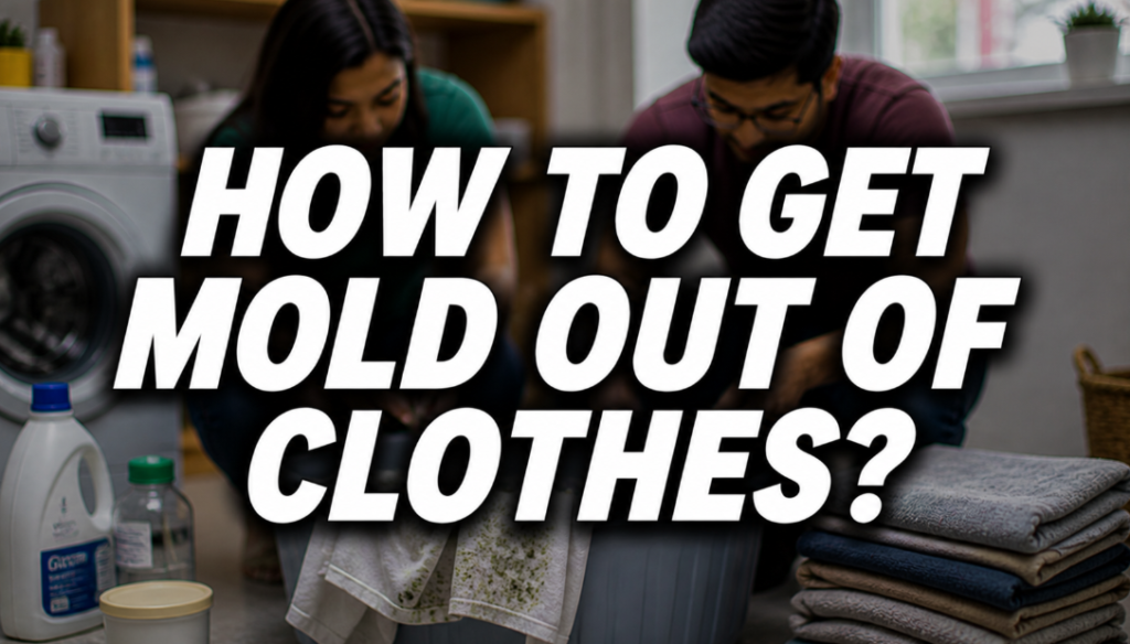 how to get mold out of clothes feature image with a couple treating moldy fabric near the washing machine