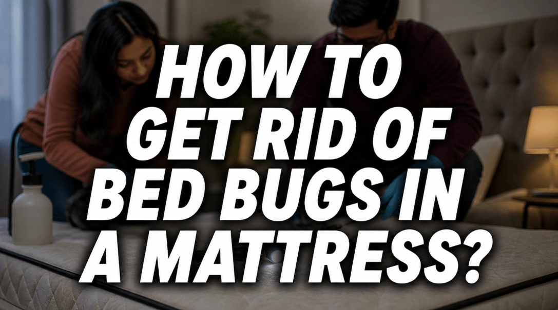 how to get rid of bed bugs in a mattress feature image with a couple cleaning mattress in bedroom