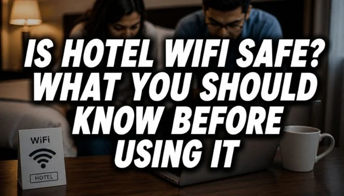 is hotel wifi safe feature image with a couple using a laptop and a hotel wifi sign on a table
