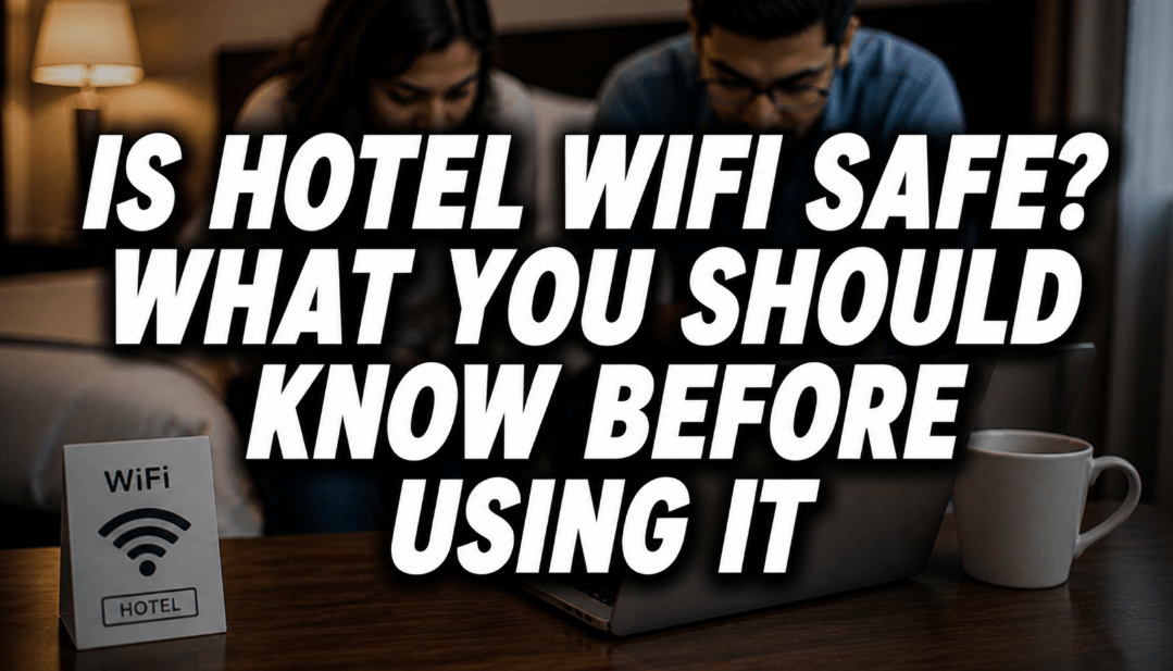 is hotel wifi safe feature image with a couple using a laptop and a hotel wifi sign on a table
