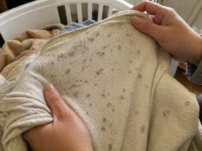 hands holding a mold-stained sweater in front of a laundry basket