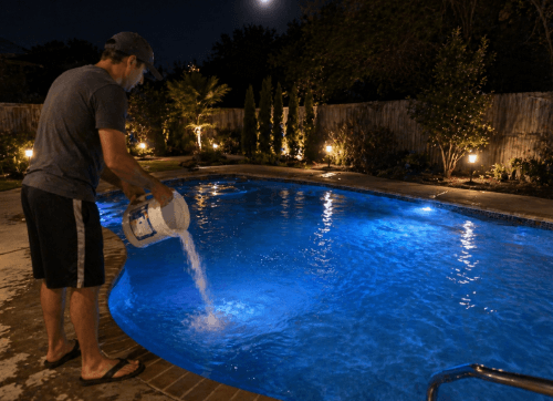 Person adding pool chemicals into a swimming pool at night