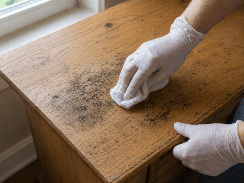 person wearing gloves wiping mold spots from a wooden cabinet near a window