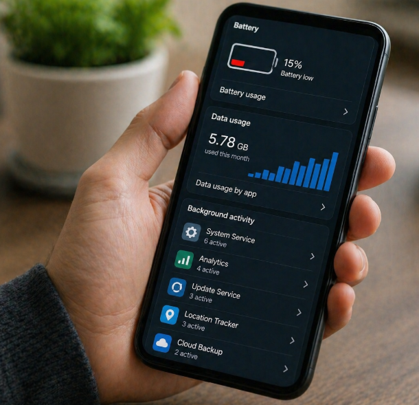 Hand holding a smartphone showing low battery (15%) and data usage stats with background apps listed