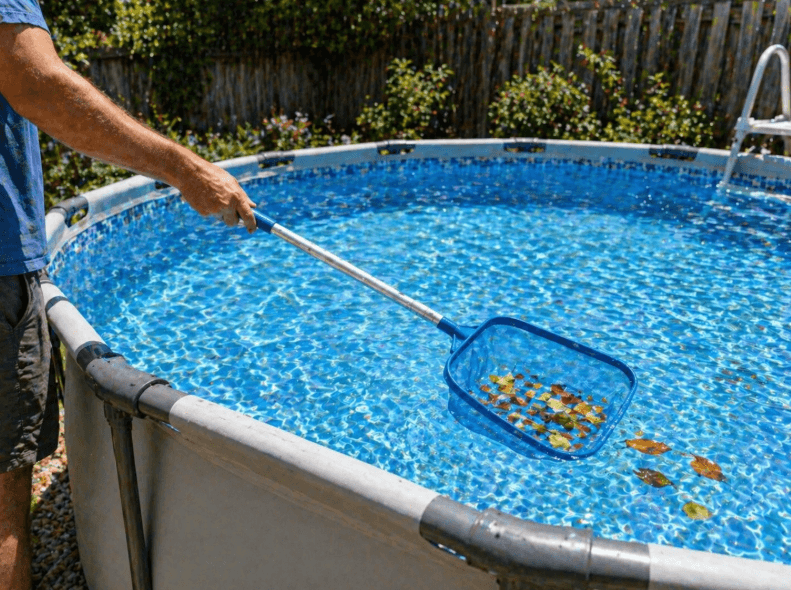 person using a skimmer net to remove leaves from an above-ground pool with clear blue water