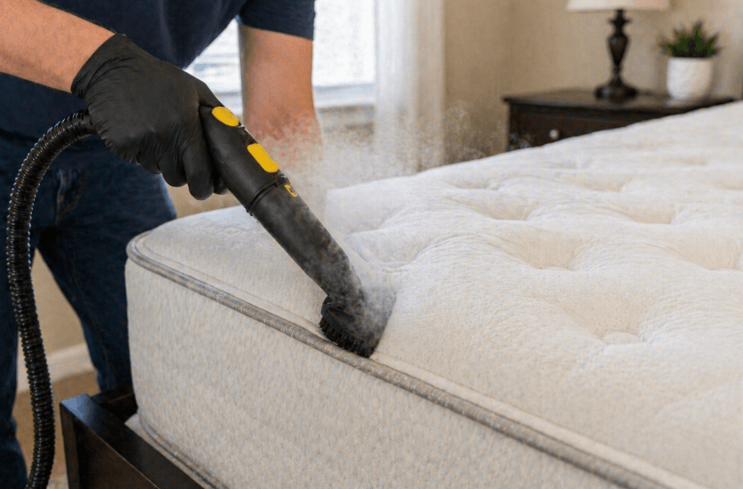person using steam cleaner on mattress seams and surface for deep cleaning in bedroom