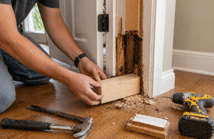 person replacing termite-damaged wood trim at doorway with repair tools on floor