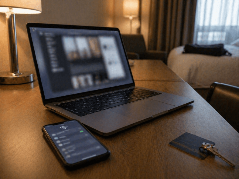 laptop and smartphone connected to hotel WiFi on a desk with a hotel key card nearby
