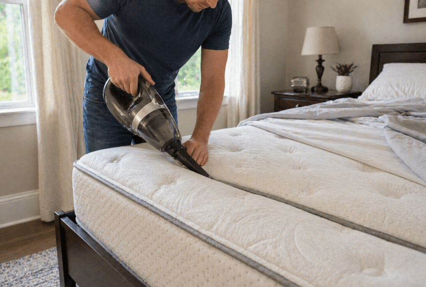person vacuuming mattress surface and seams with a handheld vacuum in the bedroom