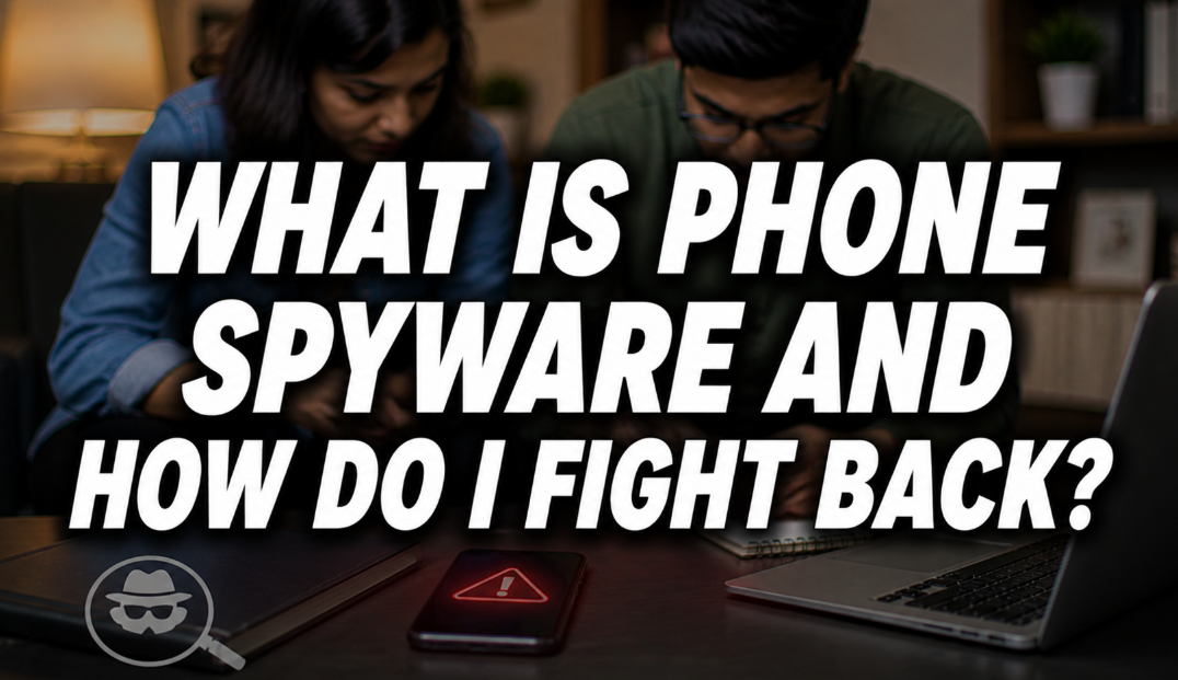 what is phone spyware and how do I fight back feature image with couple checking smartphone security alert on desk