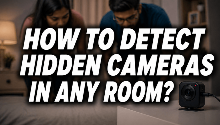 how to detect hidden cameras in any room feature image with a couple inspecting a bedroom and a small security camera on a table