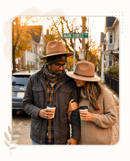 Man and woman walking together on a street wearing hats and holding coffee